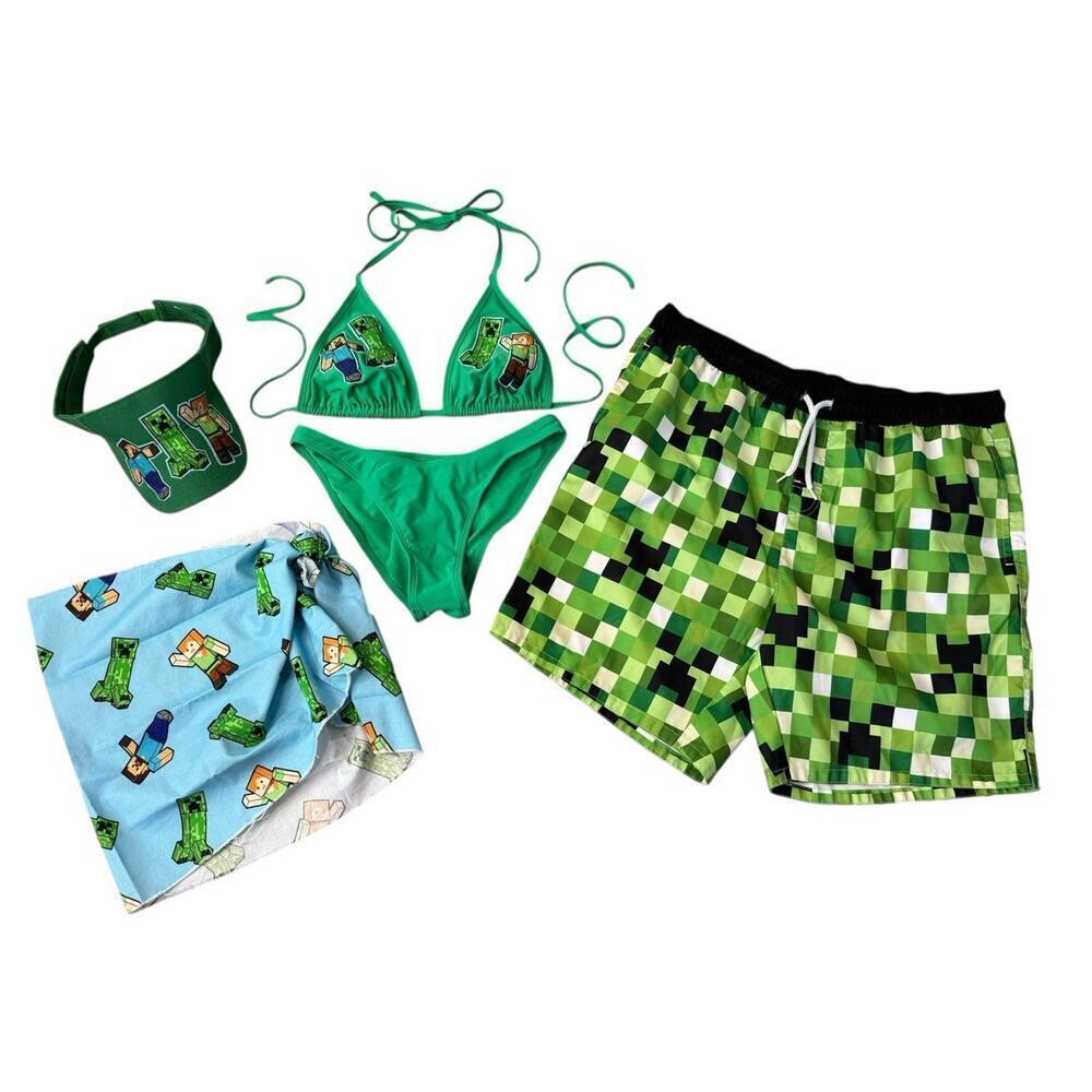 MINECRAFT Green Bikini Skirt Set With Visor Matching Men’s Swim Trunks S/L/XL - Picture 2 of 10